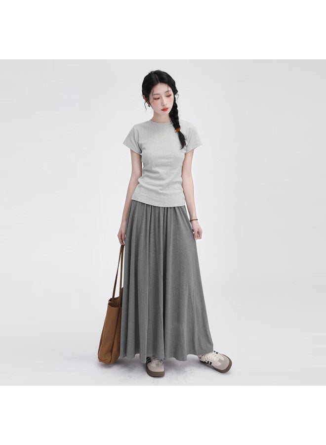 Tucano Women's Regular Shoulder Short Sleeve T-shirt, New Summer Style, Round Neck, Solid Color Cotton, Slim Fit Top, Flax Gray, L - Image 1