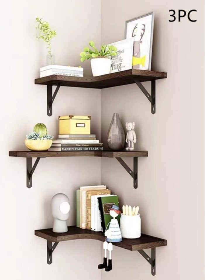 Kutis Corner Floating Shelves Wall Mounted Set of 3 Rustic Wood Wall Storage Shelves for Bedroom Bathroom Kitchen 40x29.5x15 Centimeter - Image 1