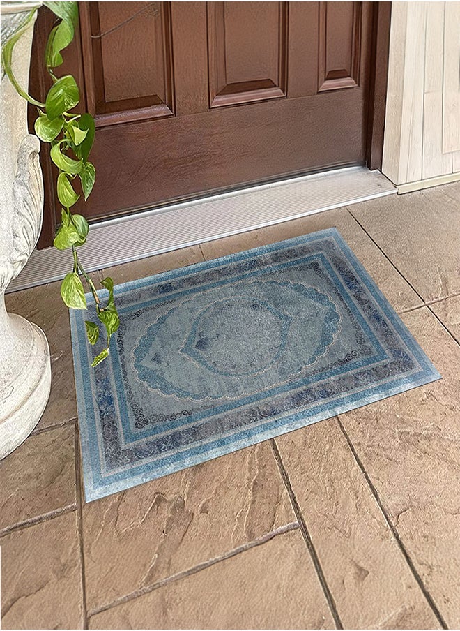 In-House Soft Velvet Turkish Rectangular Door & Bath Mat - Blue - 60x40 cm  - Image 1
