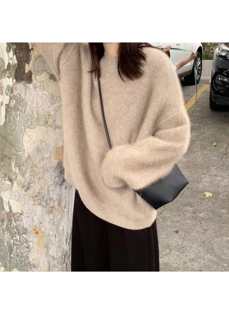 Generic - Womens Autumn/Winter Loose-Fit Pullover Sweater Thickened Angora Knitted Top Crew Neck Outer Wear Idle Style for Winter Brown - Image 1