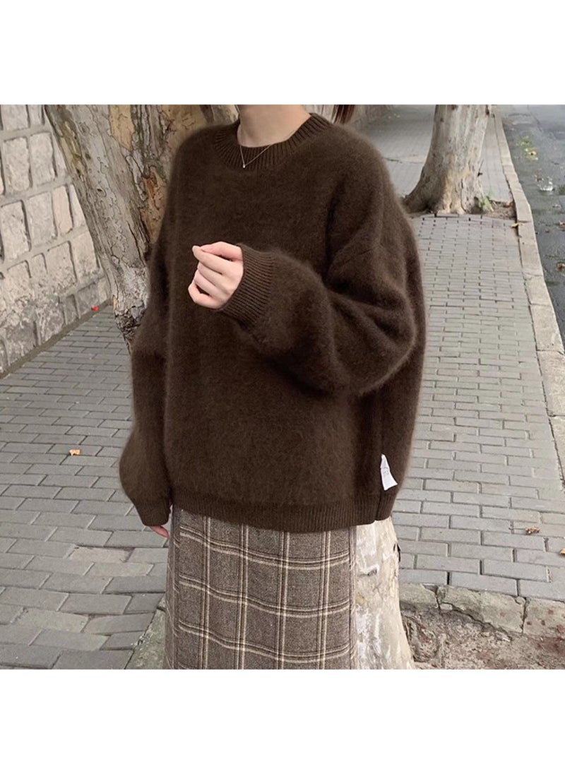 Generic - Womens Autumn/Winter Loose-Fit Pullover Sweater Thickened Angora Knitted Top Crew Neck Outer Wear Idle Style for Winter Brown - Image 1