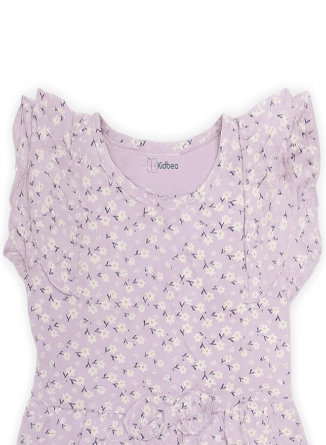 Kidbea® Girls Cotton Frock | Floral Printed Dress with Ruffle Sleeves | Soft & Breathable Summer Wear | Casual & Trendy Dress (Lavender, 2-3 Years) - Image 4