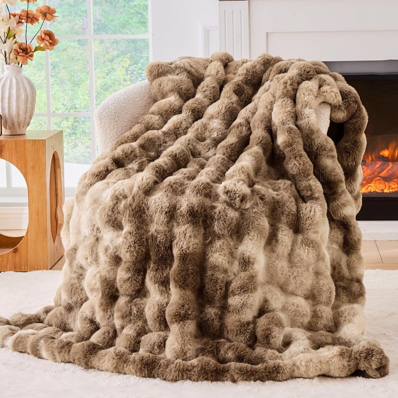 BENVWE Fluffy Faux Fur Throw Blanket for Couch  Soft Plush Thick Cozy Fuzzy Luxury Minky Bubble Blanket for Home Living Room Decor Gifts for Women Tiedye Brown 51 x 63 1100GSM