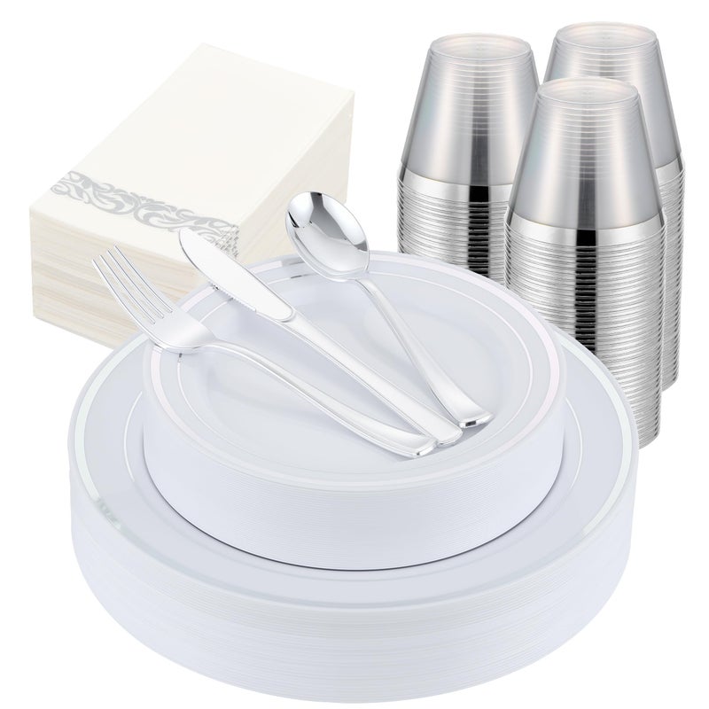 ISFANGCO 350 PCS Silver Plastic Dinnerware for 50 Guests Silver and White Disposable Plates for Party Wedding with Napkins  50 Dinner Plates  50 Dessert Plates  50 Silverware Set  50 Cups - Image 1