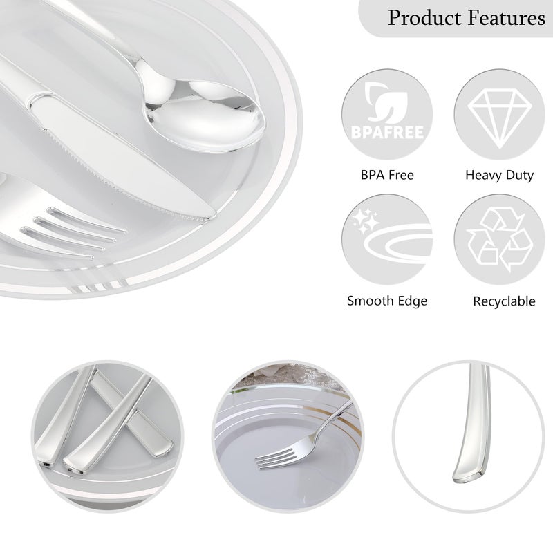 ISFANGCO 350 PCS Silver Plastic Dinnerware for 50 Guests Silver and White Disposable Plates for Party Wedding with Napkins  50 Dinner Plates  50 Dessert Plates  50 Silverware Set  50 Cups - Image 3