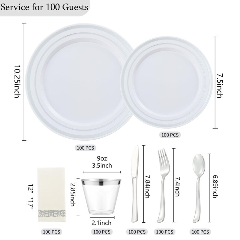ISFANGCO 350 PCS Silver Plastic Dinnerware for 50 Guests Silver and White Disposable Plates for Party Wedding with Napkins  50 Dinner Plates  50 Dessert Plates  50 Silverware Set  50 Cups - Image 2