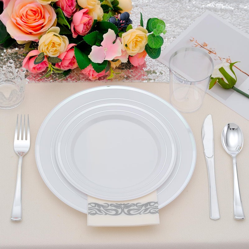 ISFANGCO 350 PCS Silver Plastic Dinnerware for 50 Guests Silver and White Disposable Plates for Party Wedding with Napkins  50 Dinner Plates  50 Dessert Plates  50 Silverware Set  50 Cups - Image 4