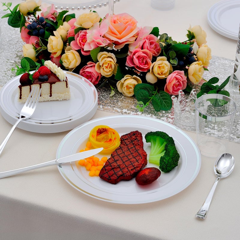 ISFANGCO 350 PCS Silver Plastic Dinnerware for 50 Guests Silver and White Disposable Plates for Party Wedding with Napkins  50 Dinner Plates  50 Dessert Plates  50 Silverware Set  50 Cups - Image 5