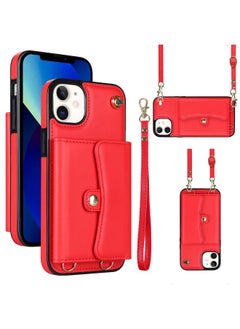 For iPhone 12 RFID Card Slot Phone Case with Long Lanyard(Red)