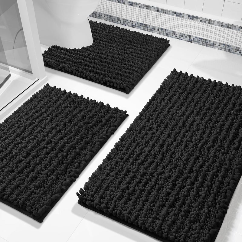 Yimobra Black Bathroom Rug Set 3 Piece - Super Absorbent Quick Dry Chenille Bath Mats & Toilet Rug, Non Slip Machine Washable, Extra Thick Shaggy Floor Mat for Shower Tub Sink - Image 1