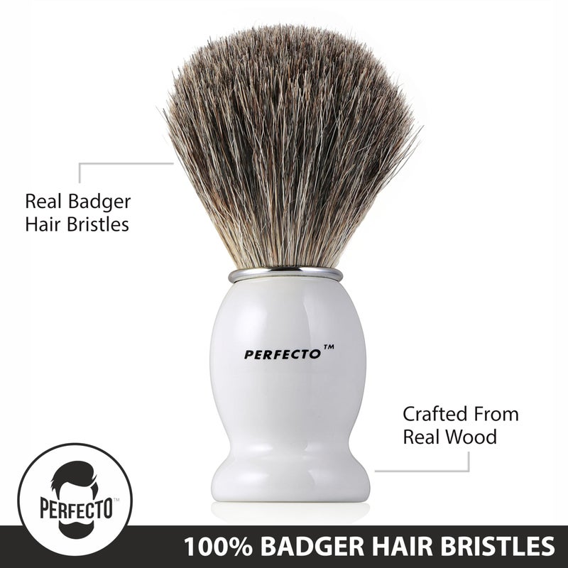 Perfecto 100% Pure Badger Shaving Brush-White Handle, Gift for Dad, Engineered for the Best Shave of Your Life. For Fathers Day Gift, Safety Razor, Double Edge Razor, Straight Razor, Shaving Razor - Image 3