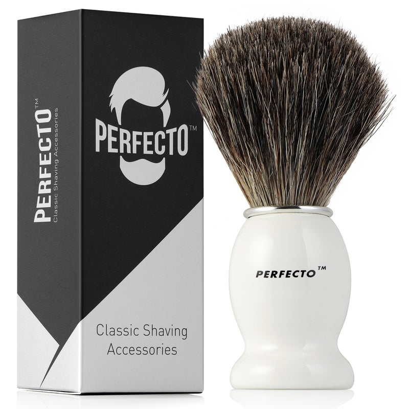 Perfecto 100% Pure Badger Shaving Brush-White Handle, Gift for Dad, Engineered for the Best Shave of Your Life. For Fathers Day Gift, Safety Razor, Double Edge Razor, Straight Razor, Shaving Razor - Image 1