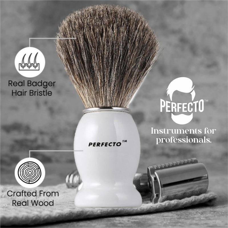 Perfecto 100% Pure Badger Shaving Brush-White Handle, Gift for Dad, Engineered for the Best Shave of Your Life. For Fathers Day Gift, Safety Razor, Double Edge Razor, Straight Razor, Shaving Razor - Image 2