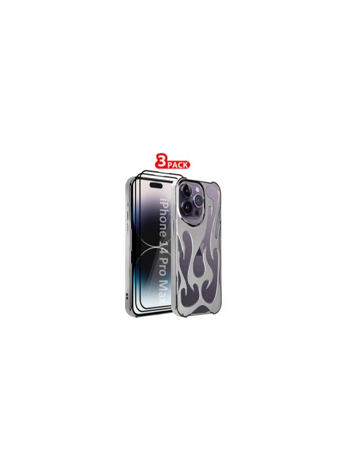 CATANES iPhone 14 Pro Max 3Packs Flame Case Cover Soft TPU and Glossy with Two 3D Shockproof Screen Protector - Silver - Image 1