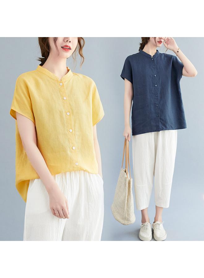 VUELO Summer New Artistic Loose Solid Color Cotton And Linen Stand Collar Short Sleeve Shirt Women's Shirt Top #8889 - Image 2
