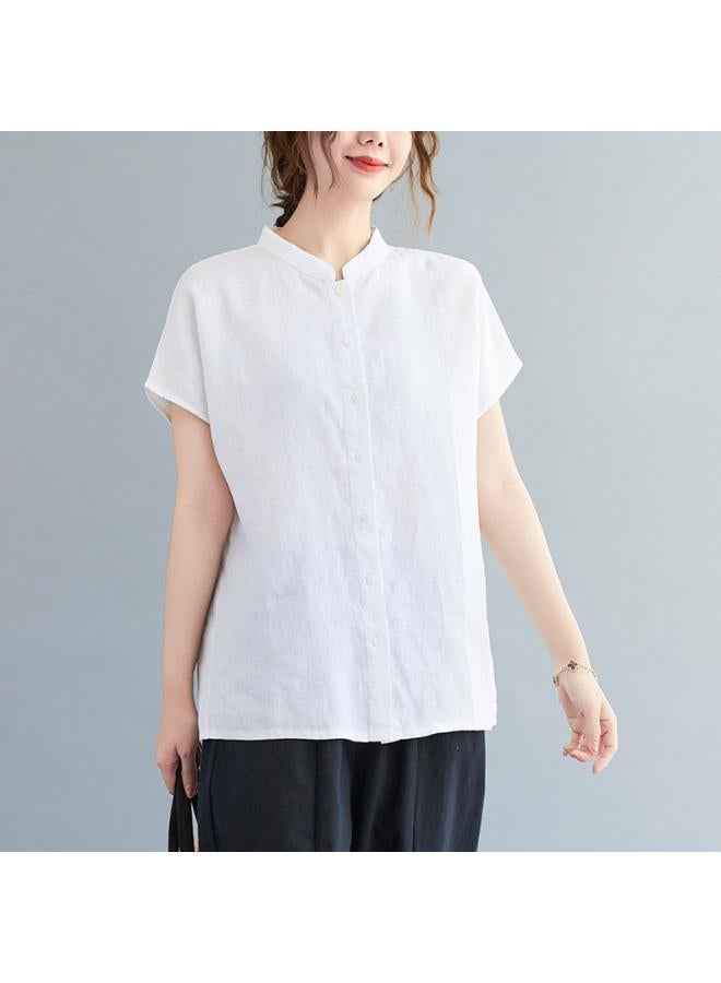 VUELO Summer New Artistic Loose Solid Color Cotton And Linen Stand Collar Short Sleeve Shirt Women's Shirt Top #8889 - Image 4