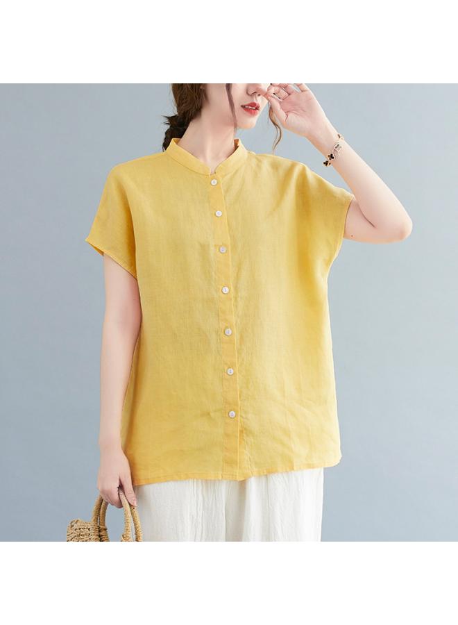 VUELO Summer New Artistic Loose Solid Color Cotton And Linen Stand Collar Short Sleeve Shirt Women's Shirt Top #8889 - Image 3