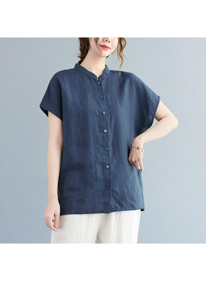 VUELO Summer New Artistic Loose Solid Color Cotton And Linen Stand Collar Short Sleeve Shirt Women's Shirt Top #8889 - Image 5