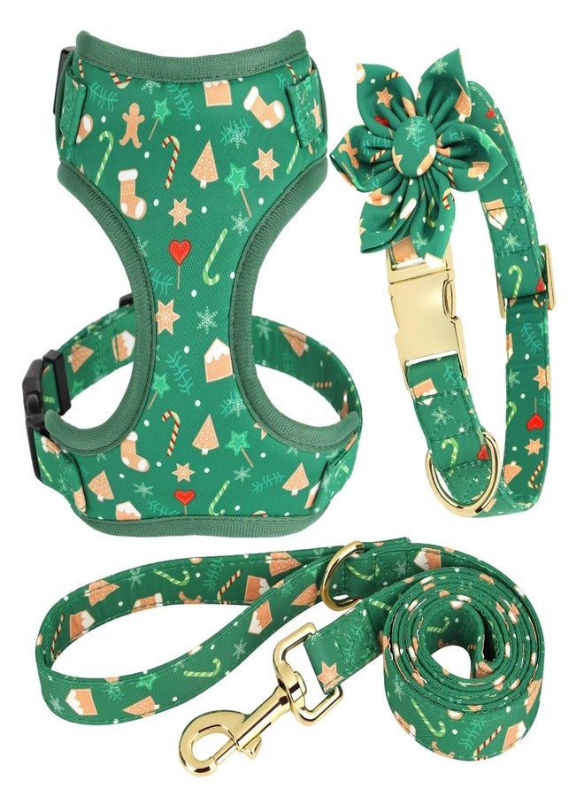 Beirui Christmas Dog Collars, Harnesses & Leashes Set - Cute Girl Dog Collar and Leash Set with Flower - Soft Mesh Dog Vest Harness for Puppies Small & Extra Small Dogs(Christmas Green,XS) - Image 1