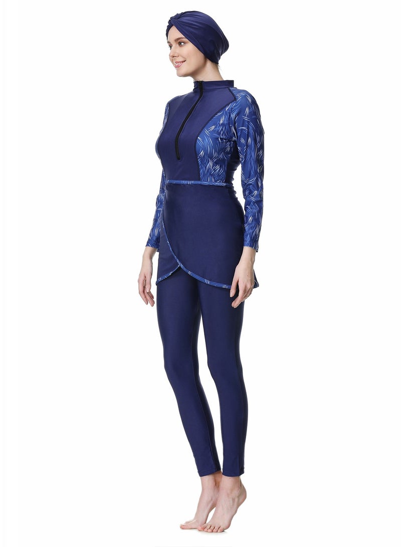 Loquat 3 Piece Conservative Women's Plus-Size Print Patchwork Pants Top Hat Swimsuit Blue  - Image 2