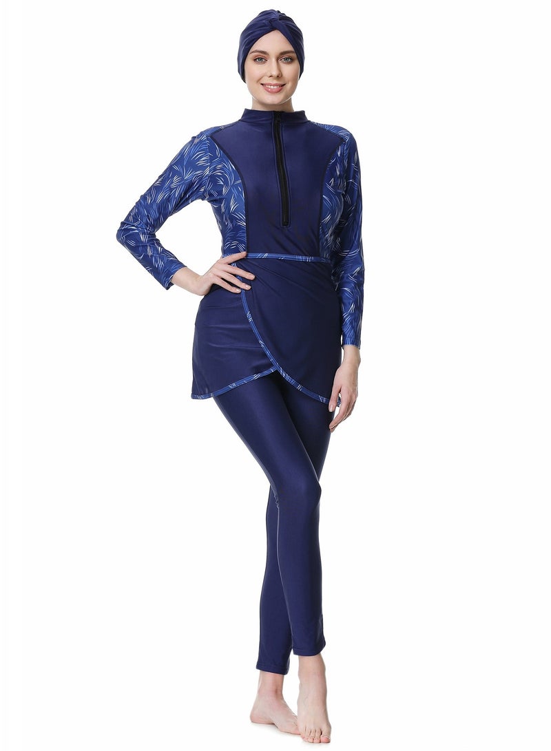 Loquat 3 Piece Conservative Women's Plus-Size Print Patchwork Pants Top Hat Swimsuit Blue  - Image 1