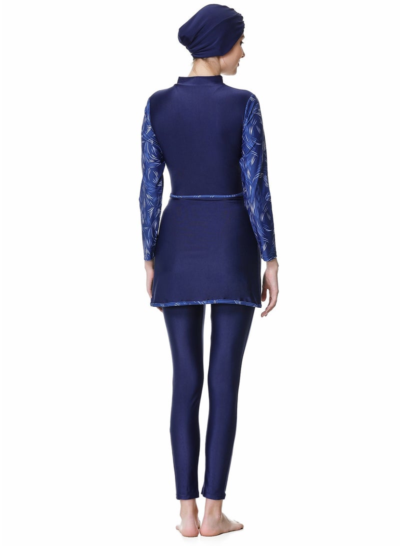 Loquat 3 Piece Conservative Women's Plus-Size Print Patchwork Pants Top Hat Swimsuit Blue  - Image 3