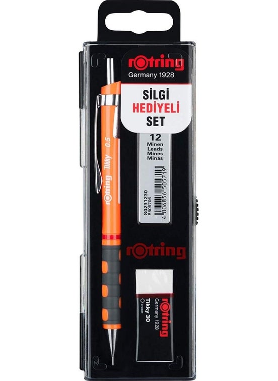 Rotring Tikky School Set 0.5 mm Neon Orange Versatile Pen + Eraser + Nib  - Image 1