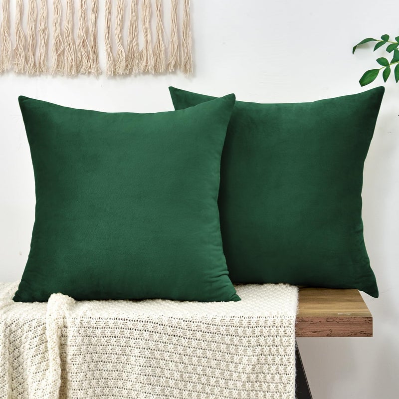 GriNeed Throw Pillow Covers Dark Green Decorative Velvet Set of 2 22x22 Inch Pillow Covers, Soft Emerald Green Large Pillowcases for Couch Sofa Bed Living Room, Farmhouse Decor, Accent Cushion Covers - Image 1