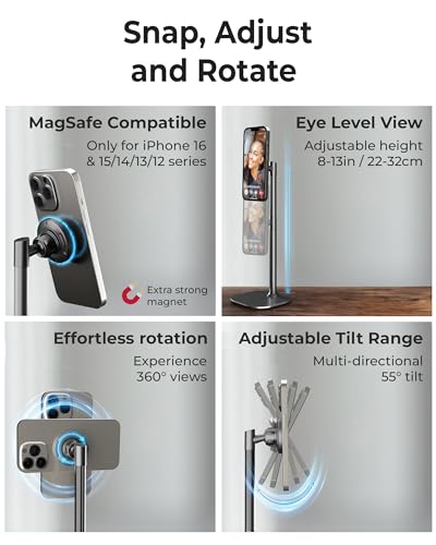 COOPER MagStand, Adjustable Magnetic iPhone Stand for Desk & Phone Holder for Video Recording, Compatible with MagSafe, Stand for iPhone 17 Pro Max, 16/15/14/13/12, Small Mag Safe Tripod (Black) - Image 3