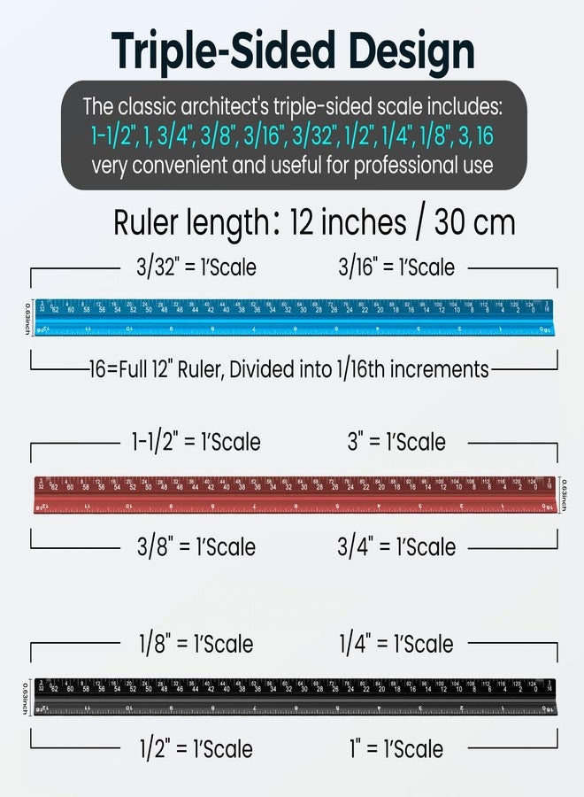 THLHKD 2 Pcs Architectural Scale Ruler 12 Inch, Aluminum Architect Ruler & Metal Ruler Set, Imperial Engineer Scale for Blueprints, Drafting Ruler for Architects, Students, Draftsmen, and Engineers (Blue) - Image 3