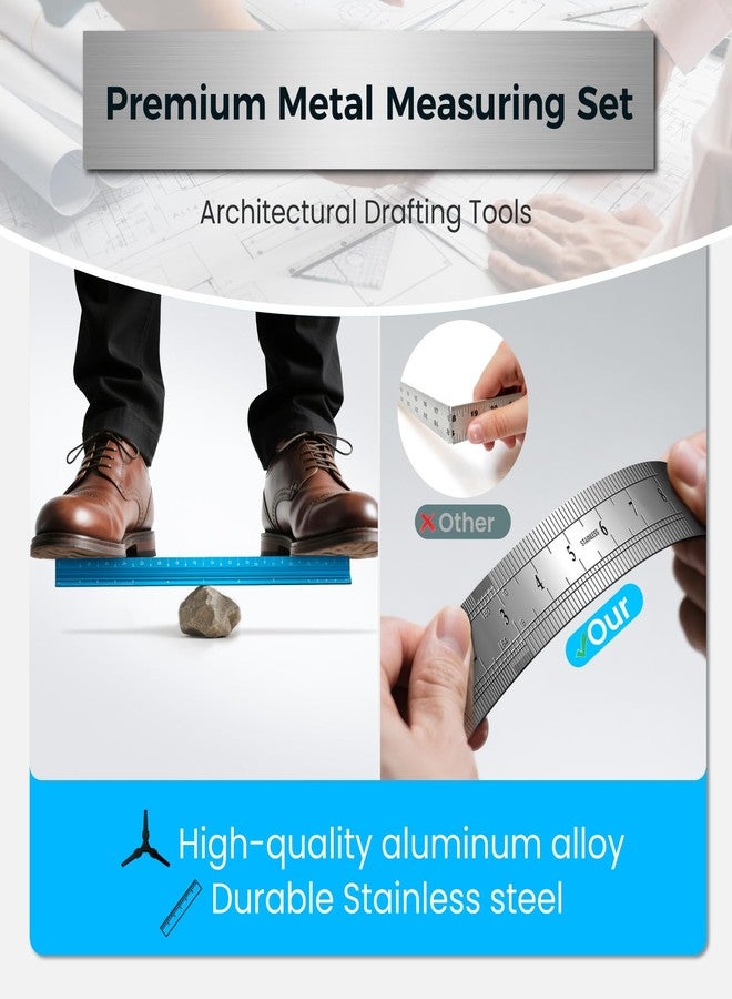 THLHKD 2 Pcs Architectural Scale Ruler 12 Inch, Aluminum Architect Ruler & Metal Ruler Set, Imperial Engineer Scale for Blueprints, Drafting Ruler for Architects, Students, Draftsmen, and Engineers (Blue) - Image 4