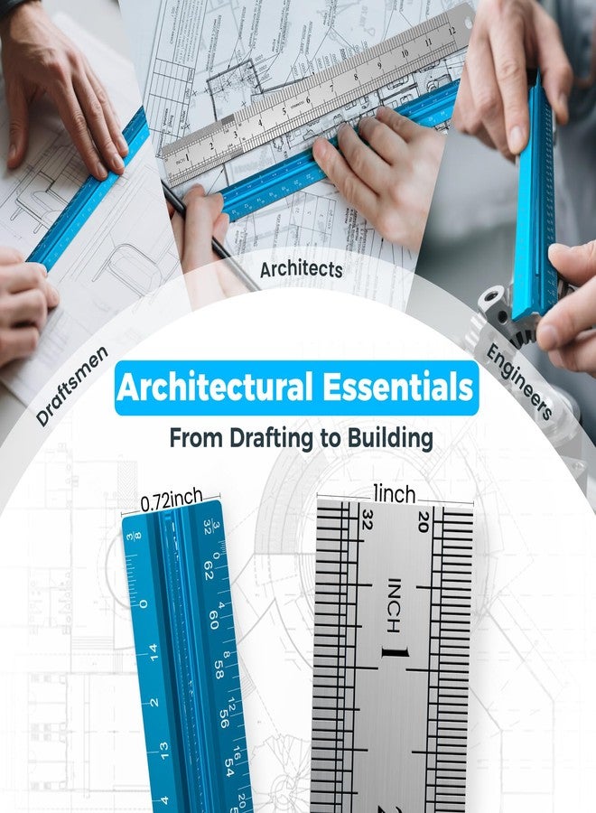 THLHKD 2 Pcs Architectural Scale Ruler 12 Inch, Aluminum Architect Ruler & Metal Ruler Set, Imperial Engineer Scale for Blueprints, Drafting Ruler for Architects, Students, Draftsmen, and Engineers (Blue) - Image 5