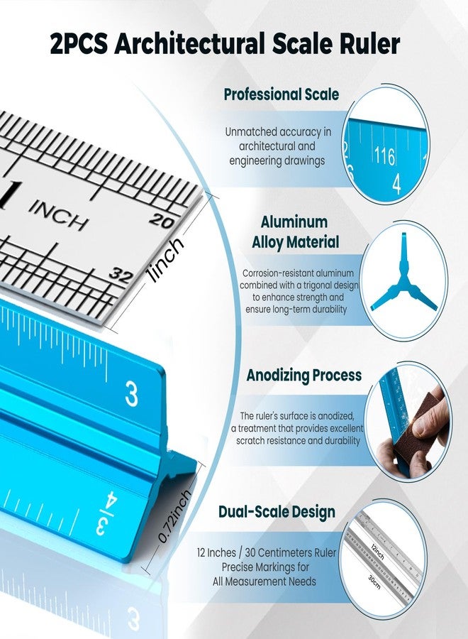 THLHKD 2 Pcs Architectural Scale Ruler 12 Inch, Aluminum Architect Ruler & Metal Ruler Set, Imperial Engineer Scale for Blueprints, Drafting Ruler for Architects, Students, Draftsmen, and Engineers (Blue) - Image 2