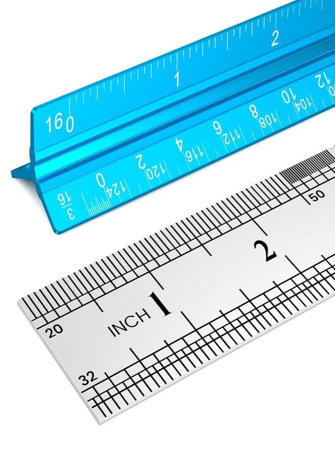 THLHKD 2 Pcs Architectural Scale Ruler 12 Inch, Aluminum Architect Ruler & Metal Ruler Set, Imperial Engineer Scale for Blueprints, Drafting Ruler for Architects, Students, Draftsmen, and Engineers (Blue) - Image 1