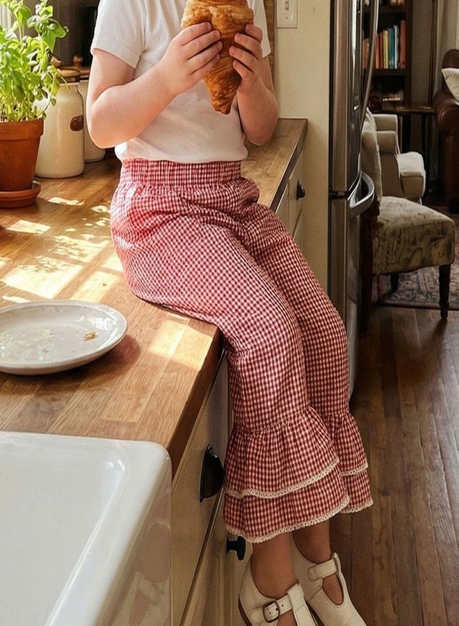Kutterild Toddler Baby Girl Gingham Pants Retro Elastic Waist Checkered Plaid Bell Bottoms Long Pants Casual Sweatpants (Flare Red, 2-3 Years) - Image 5