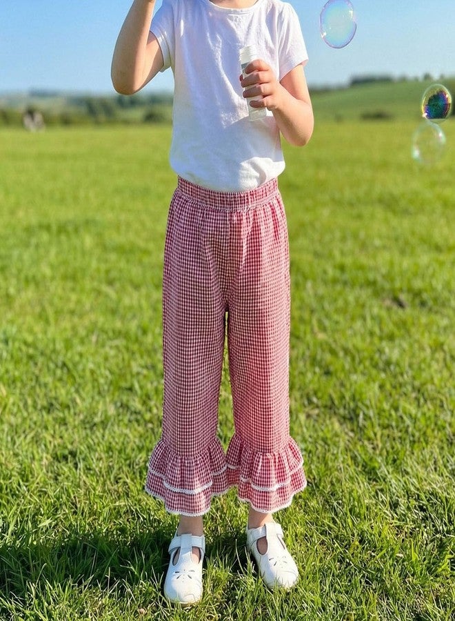 Kutterild Toddler Baby Girl Gingham Pants Retro Elastic Waist Checkered Plaid Bell Bottoms Long Pants Casual Sweatpants (Flare Red, 2-3 Years) - Image 3