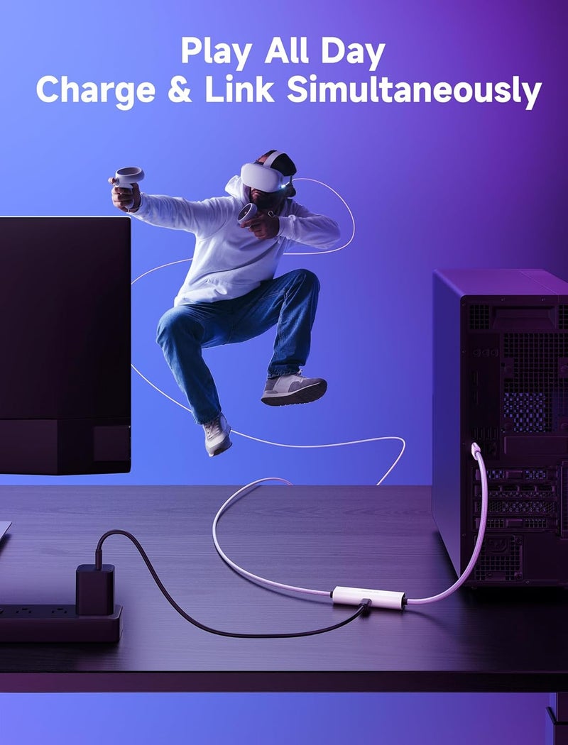jsaux Link Cable with 18W Charging 5M, Compatible with Oculus Meta Quest 3S/ 3/2/ Pro and Pico 4, PC VR, Steam VR Accessories, 2-in-1 High Speed 5Gbs USB3.0 to USB C Data Cord for VR Headset - Image 2
