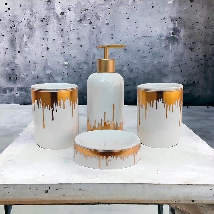 MODEN DESIGN LUXURY BATHROOM ACCESSORIES SET CERAMIC INCLUDING 4 PIECE BATHROOM ACCESSORIES SET SOAP DISPENSER TOOTHBRUSH HOLDER TUMBLER SOAP DISH WHITE