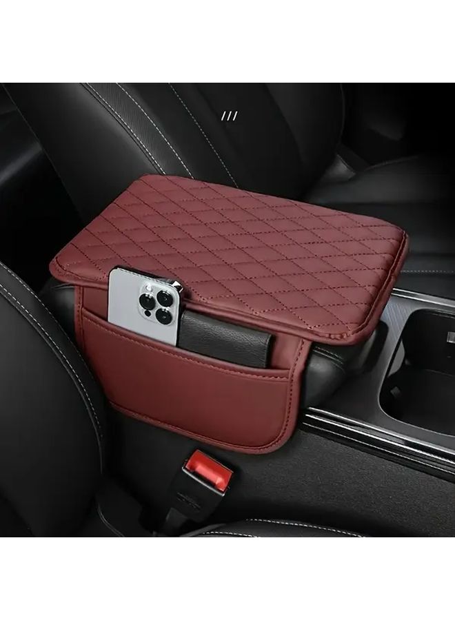 Red PU Leather Car Console Cover Armrest Protector With Storage Pockets - Image 4