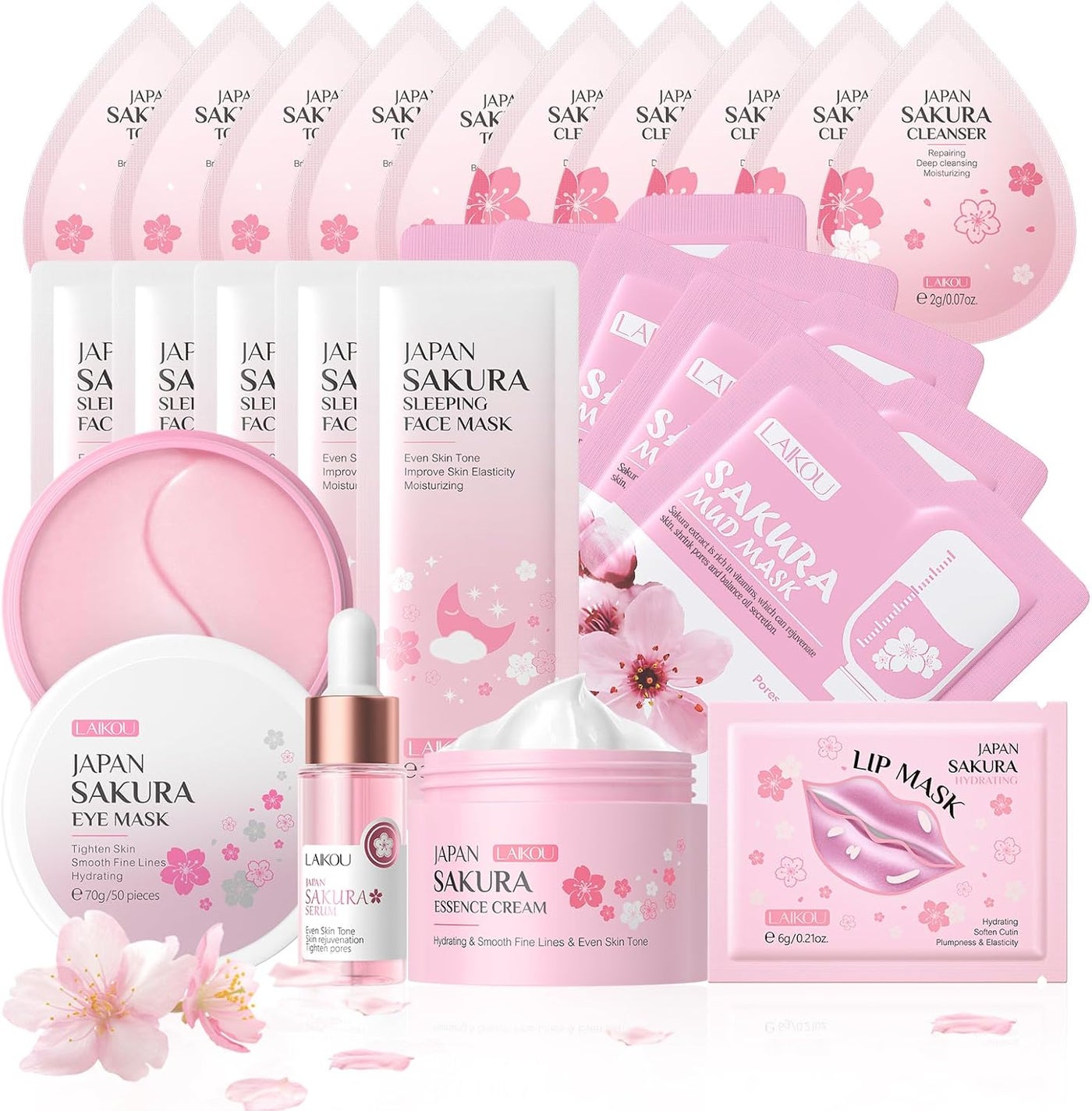 LAIKOU Skin Care for Teenage Girls Sakura Skincare Set Pamper Sets for Women Gifts Facial Skin Care Sets Kits TonerCleanserFace SerumCreamSleep MaskEye MaskMud MaskLip Mask 24PCS
