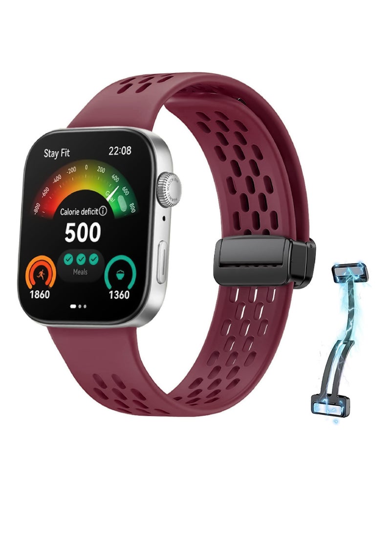 Silicone Strap Compatible with Huawei Watch Fit 3/Fit 4/Fit 4 Pro Magnetic Metal Buckle Sport Silicone Breathable Strap for Men Women Band Quick Release Soft Replacment Wristband Wine Red - Image 1