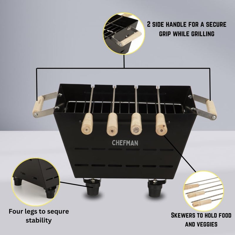 Chefman Small Charcoal Grill Barbeque with 4 Skewers, 1 Grill 1 Tong cooking/outdoor parties/picnic/Grilling food For Healthy Grilling Food - Image 3