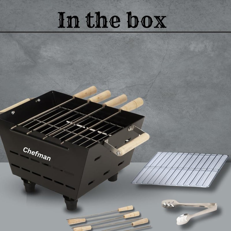Chefman Small Charcoal Grill Barbeque with 4 Skewers, 1 Grill 1 Tong cooking/outdoor parties/picnic/Grilling food For Healthy Grilling Food - Image 4