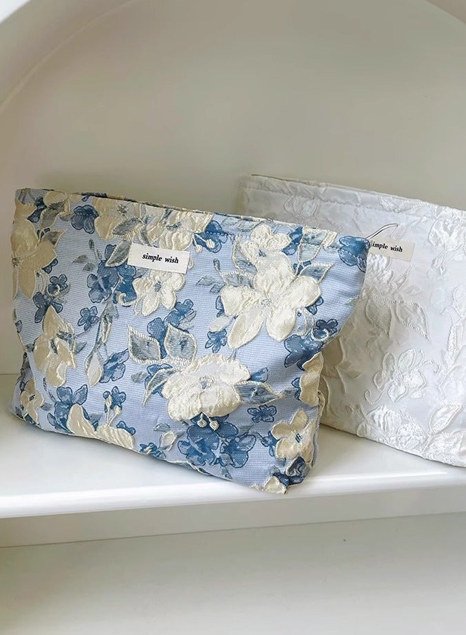 Portable Lightweight Large - capacity Canvas Makeup Bag Pouch and Toiletry Travel Storage Organizer with Handmade Vintage Embroidered Blue Floral Pattern  - Image 5