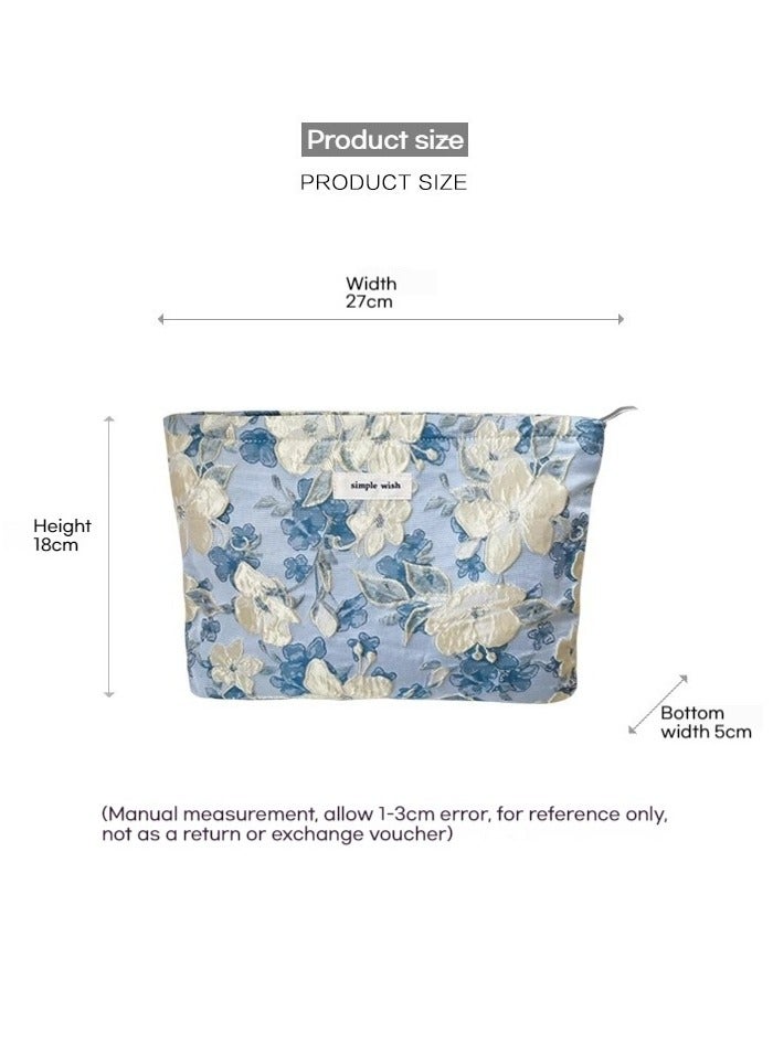 Portable Lightweight Large - capacity Canvas Makeup Bag Pouch and Toiletry Travel Storage Organizer with Handmade Vintage Embroidered Blue Floral Pattern  - Image 3
