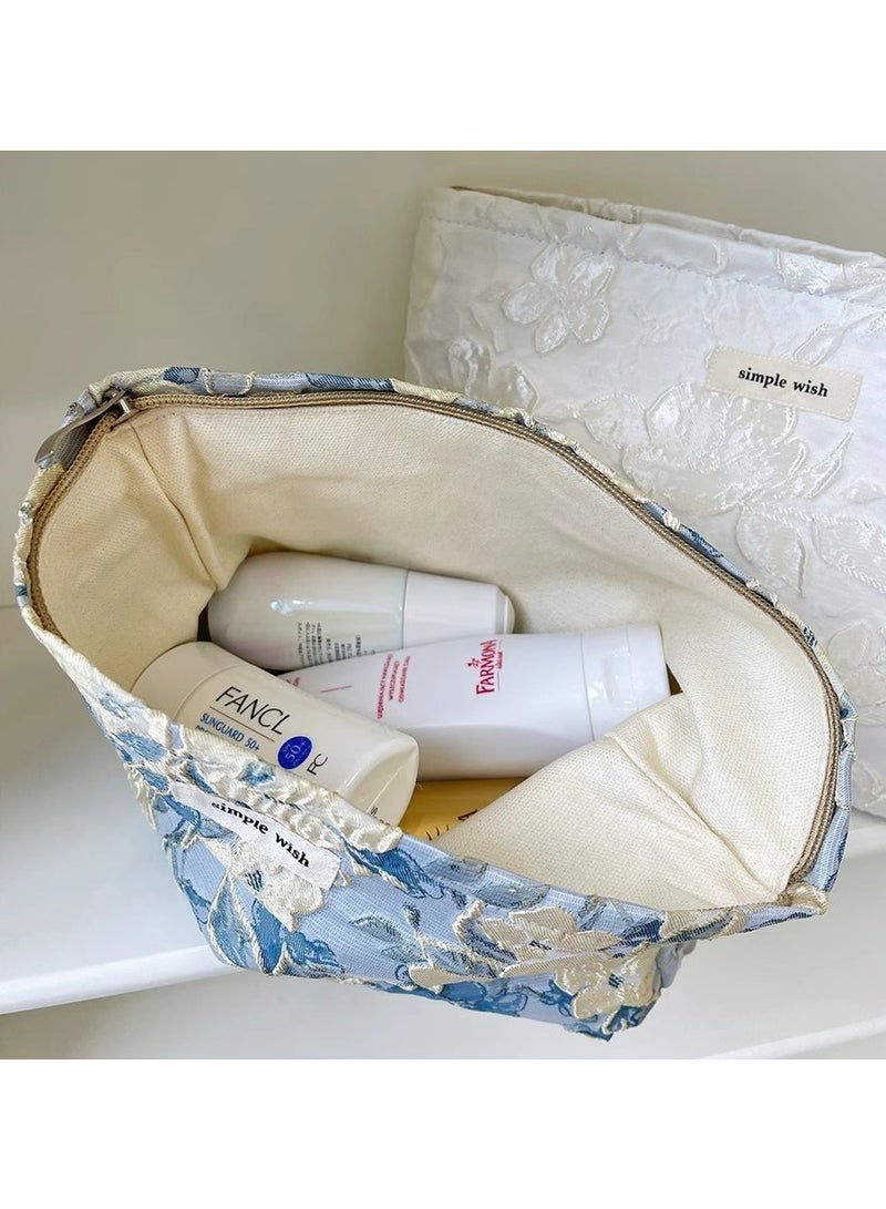 Portable Lightweight Large - capacity Canvas Makeup Bag Pouch and Toiletry Travel Storage Organizer with Handmade Vintage Embroidered Blue Floral Pattern  - Image 4