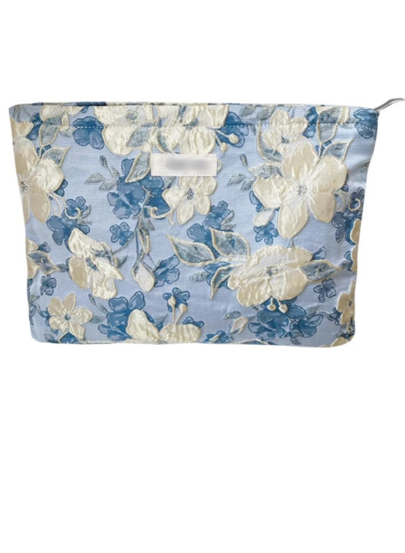 Portable Lightweight Large - capacity Canvas Makeup Bag Pouch and Toiletry Travel Storage Organizer with Handmade Vintage Embroidered Blue Floral Pattern  - Image 2