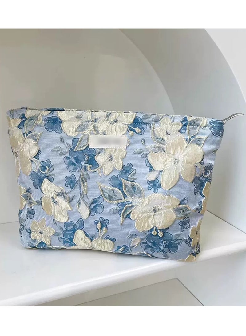 Portable Lightweight Large - capacity Canvas Makeup Bag Pouch and Toiletry Travel Storage Organizer with Handmade Vintage Embroidered Blue Floral Pattern  - Image 1