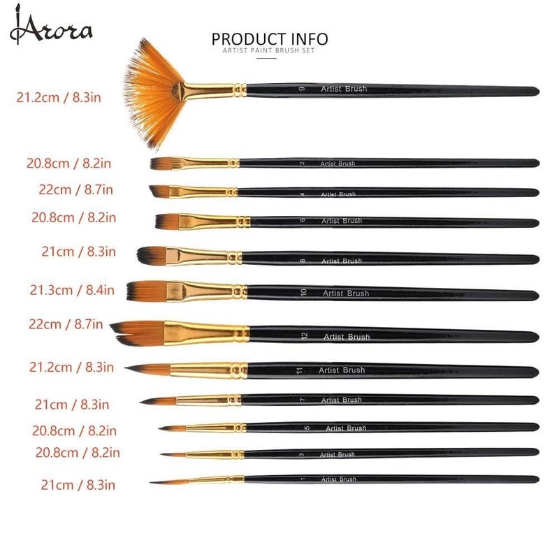 Arora 12pc Synthetic Hair Artist Mix Paint Brush Set - Ideal for Watercolor and Acrylic Painting, Perfect for Detailed Art Projects and Professional Use - Image 2