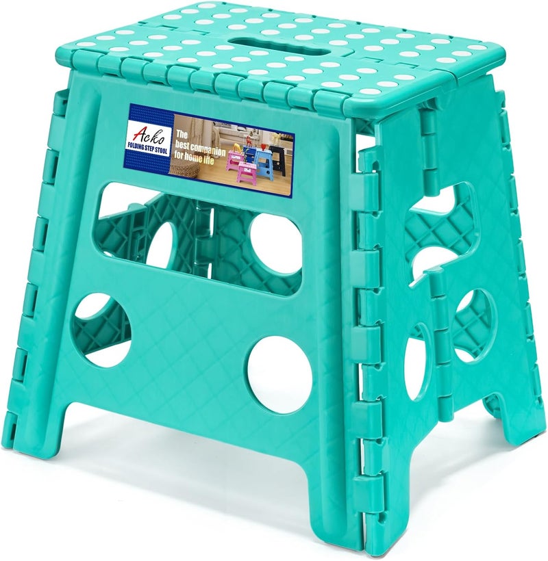 Acko Folding Step Stool 13 Inch, Sturdy Collapsible Step Stool Foldable Up to 300 lbs for Adults, Non Slip Lightweight Foot Stools with Handle, Ideal for Kitchen, Bathroom, Bedroom, Garden, Teal - Image 1